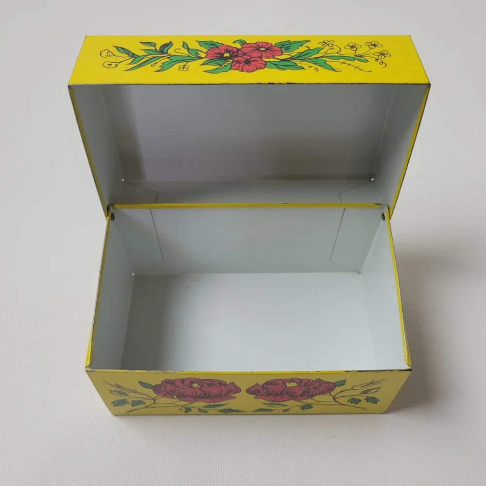 Vintage Syndicate Mfg Co Yellow Floral Rose Metal Tin Recipe Storage Box